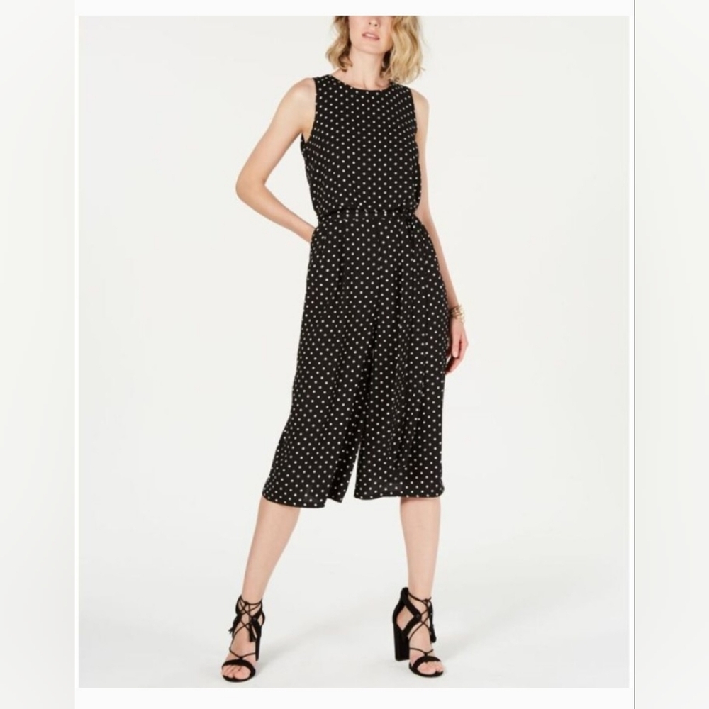 Vince Camuto Black Polka Dot Cropped Wide‎ Leg Jump Suit